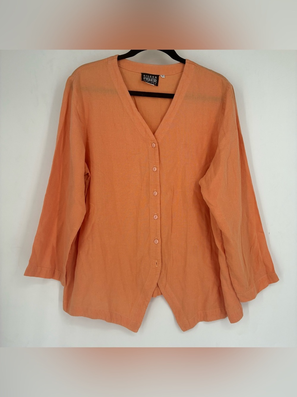 Vintage 90s Eileen Fisher XL Linen Rayon Orange Button Up Blouse Button Coastal
